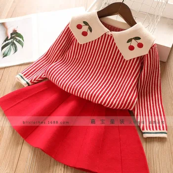 

Autumn Winter Embroidered Cherry Printed Sweater Dress Set Casual Girls Sets Girls Clothes Suit Children Clothes Kids Sets