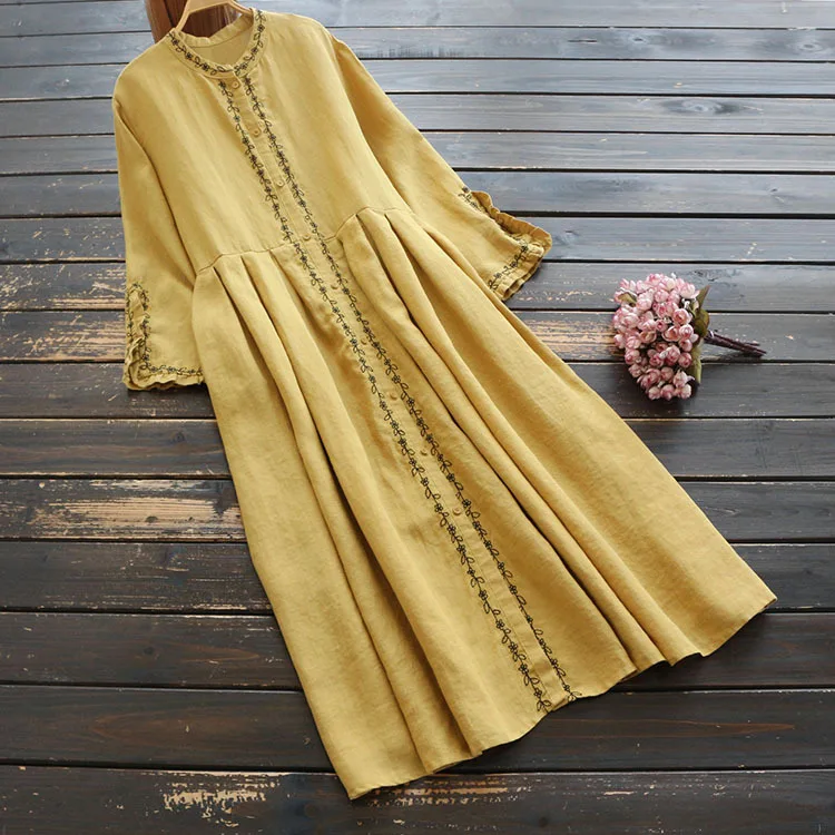

7271 New Style Spring WOMEN'S Dress Retro Versatile Floral-Print Embroidered Long-sleeved Dress Flax Loose-Fit Stand Collar Dres