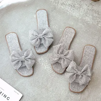 

Women Flax Slippers Summer Casual Slides Beach Shoes Ladies Indoor Linen Slippers Bohemia Floral Bow Flip Flops Sandals