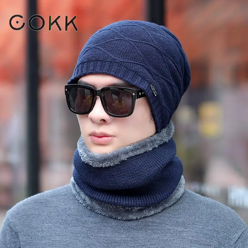 

COKK Winter Warm Knitted Hat Scarf Set Velvet Thick Warmer Knit Beanies Balaclava Winter Neck Hat for Men Women Cap Bonnet 2019