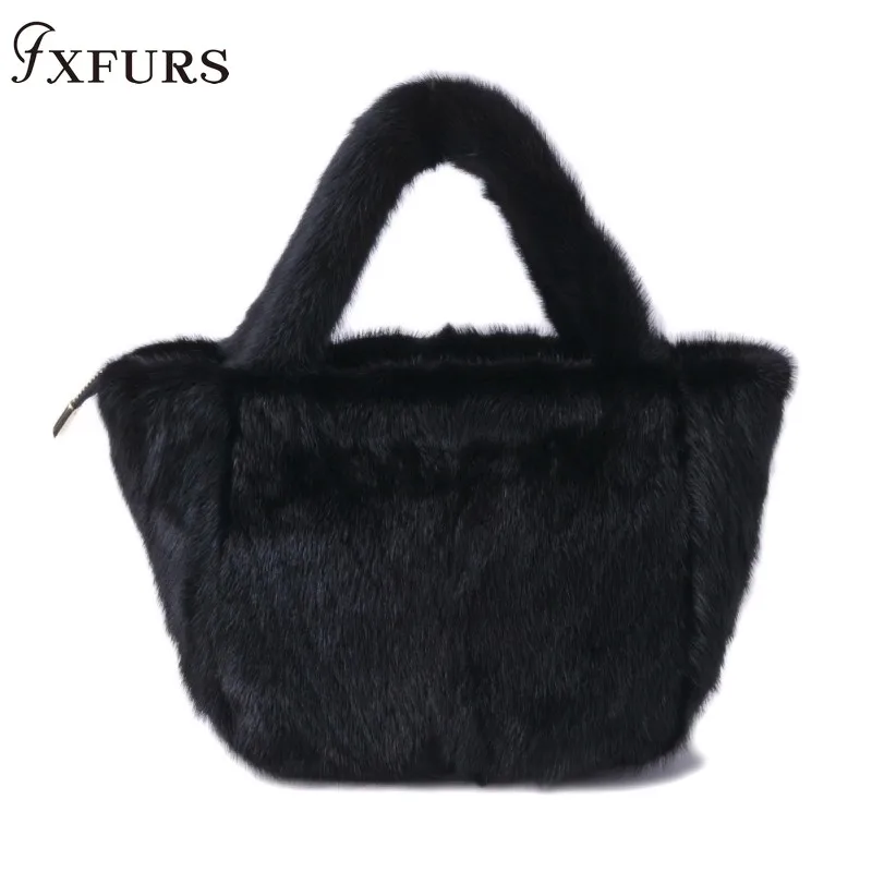 

2019 New Whole Mink Fur Hanbbags Big Small One Single Shoulder Wrist Bags Soft Luxury Black Women Winter Basket Bag Korean Style