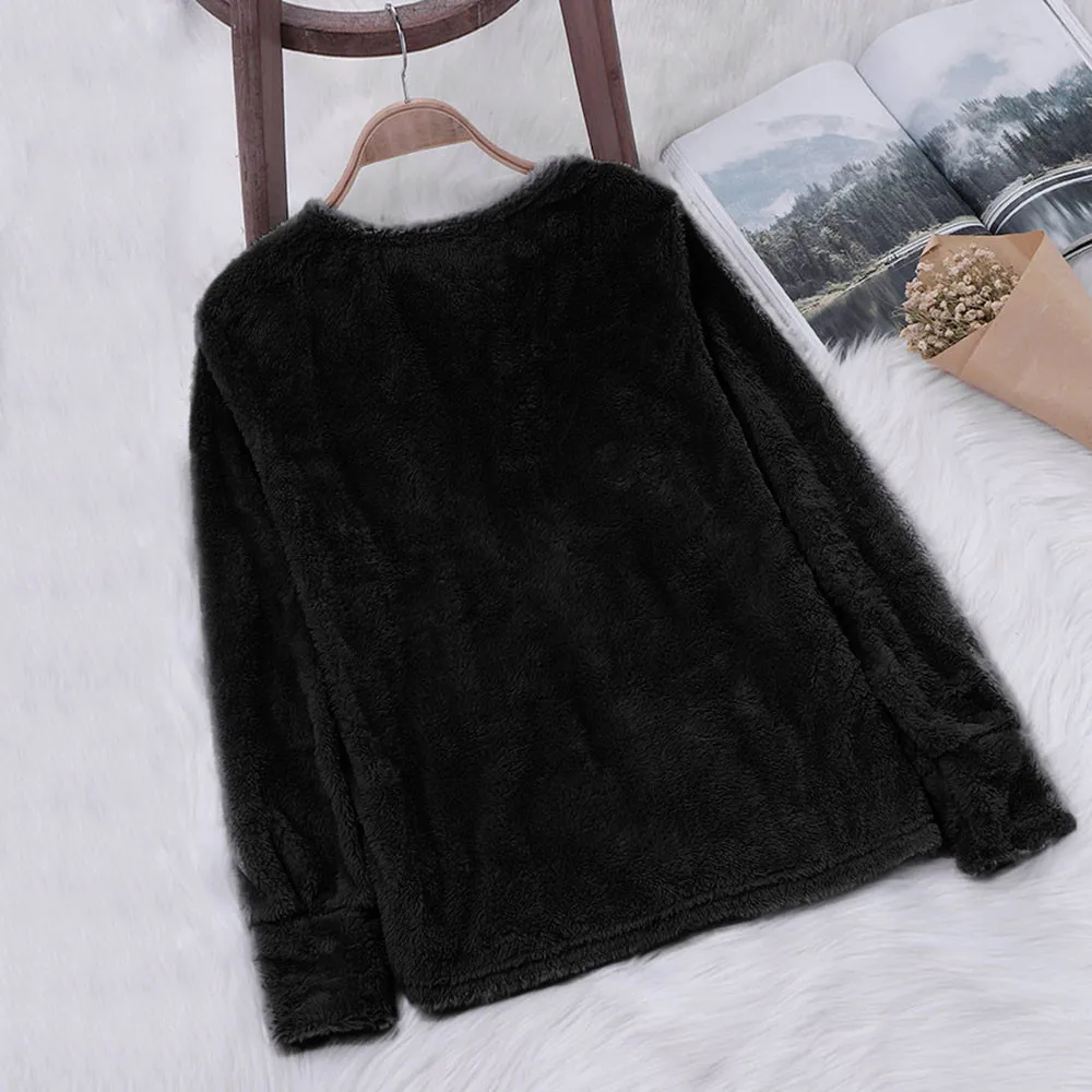 JAYCOSIN Fashion Women Artificial Wool Plush Sweatshirt Casual Simple Long Sleeve Solid Color Comfortable Pullover Blouse Top