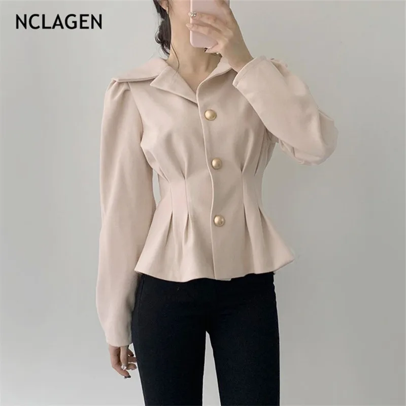 

NCLAGEN 2019 Winter Street Fashion Waist Slim Woolen Coat Single Breasted Thick Outwear Women Long Sleeve Turn Down Collar Tops