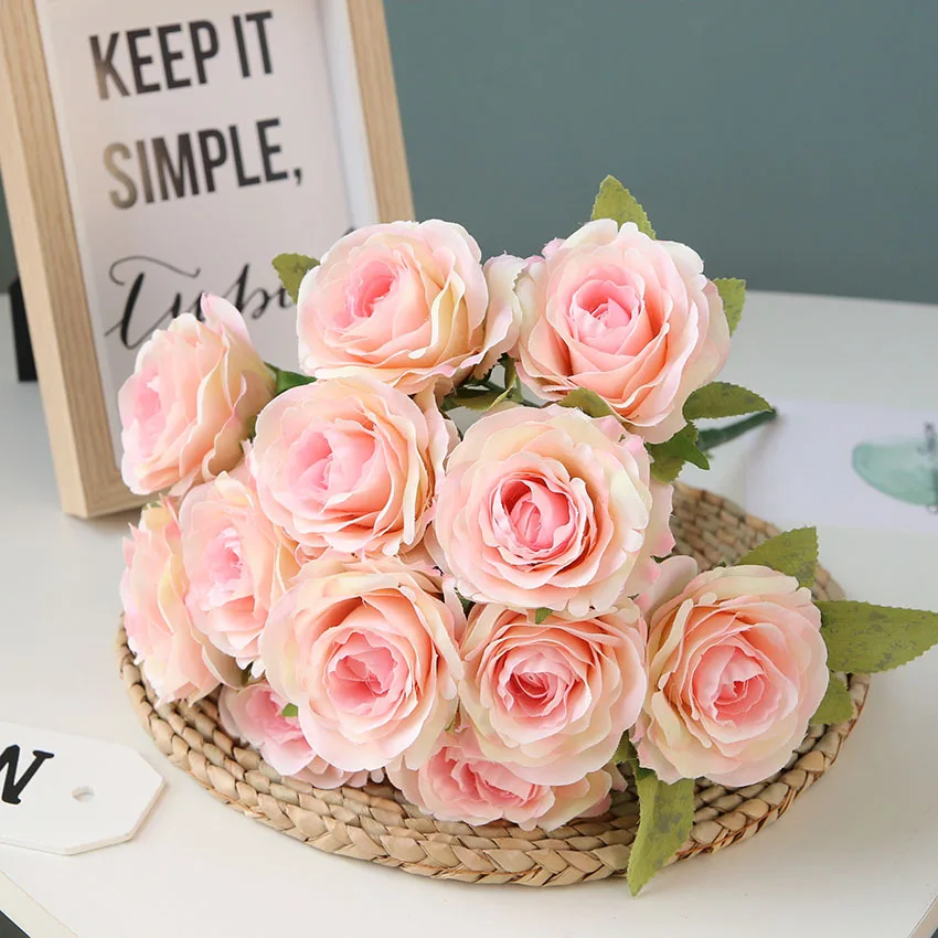 1 шт. 12 цветочных головок Свадебные розы Букет декоративная ваза искусственный цветок ветка растение Шелковый цветок для декора дня рождения