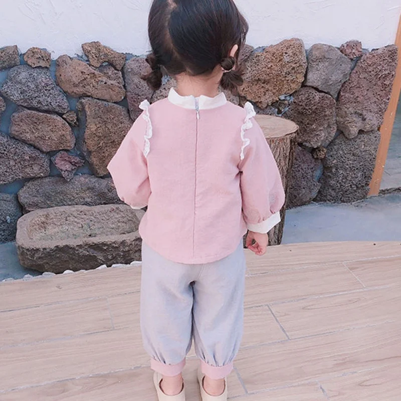 Модная детская одежда для маленьких девочек хлопковая футболка с длинными рукавами и круглым вырезом+ штаны, одежда для маленьких девочек