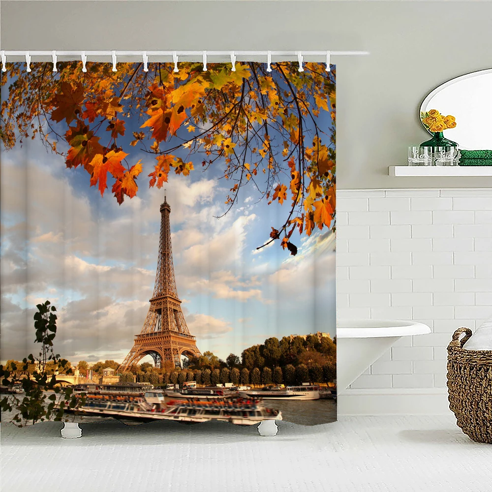 

landscape Bath Curtain Waterproof Fabric Shower Curtains Paris Iron Tower Retro Pattern Bathtub Screen for Bathroom Home Decor