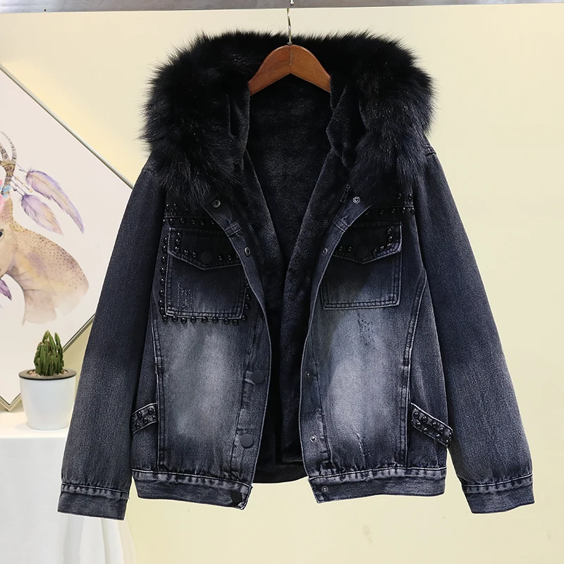

Winter Thick Warm Big Fur Collar Hooded Fleece Liner Denim Jacket Women Outerwear Loose Beading Black Jeans Jacket Coat Female