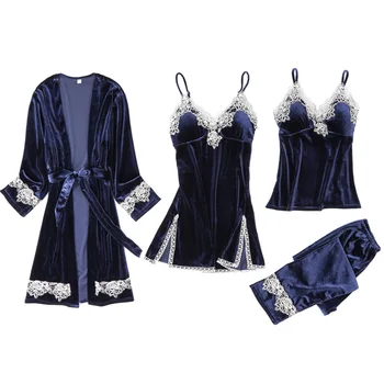 

Sexy Velvet Women Keep Warm Sleepwear Nightwear Winter Female Lace Robe Yukata Sleep Set Noble Flower Thick Pajama Pijama Suit