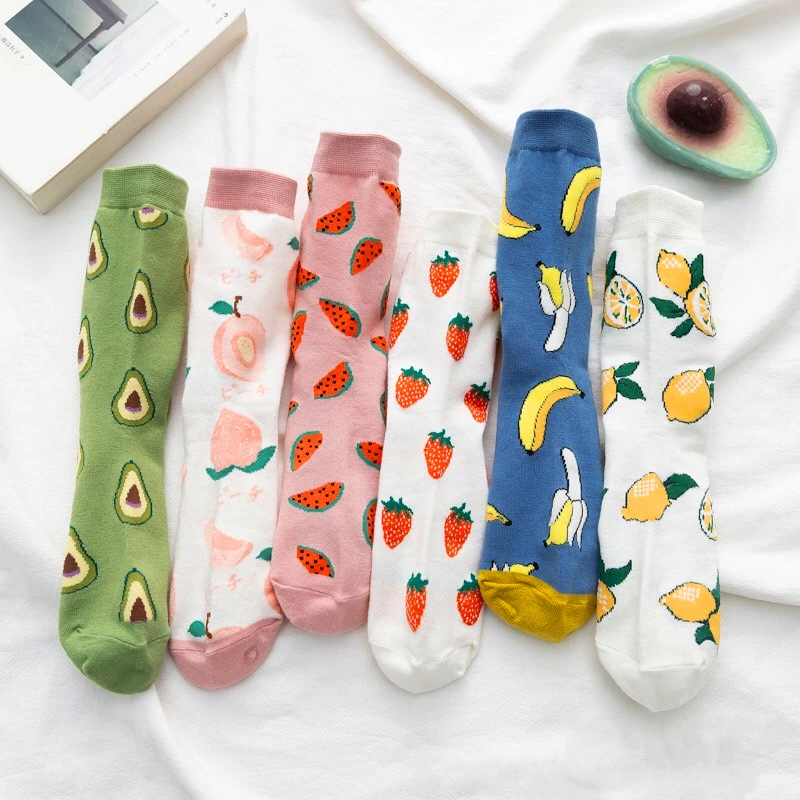 orange knee high socks Spring Autumn  Fruit Avocado Lemon Watermelon Peach Strawberry Banana Cotton Socks Korean Funny Harajuku Female Casual Socks women's socks