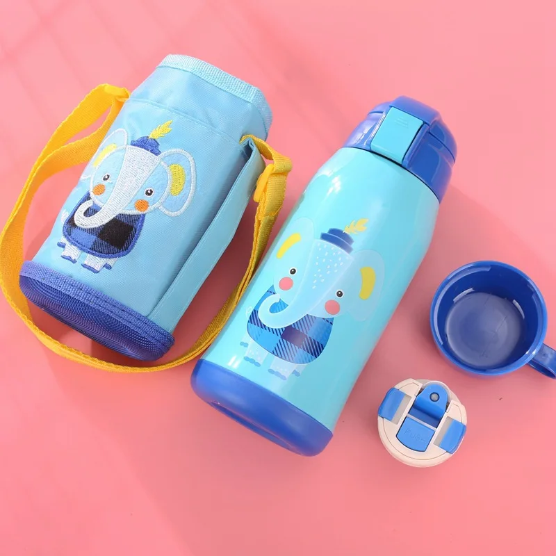 600 мл новые милые детские вещи термосы детская бутылка для воды двойная крышка из нержавеющей стали соломы термос чашка с веревочной сумкой - Цвет: f
