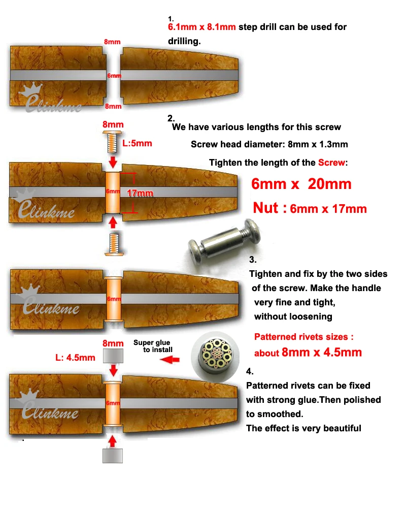 1set/bag,17mm x 6mm Stainless steel Knife Handle Flat head hex Chicago Screws with Patterned rivets Suitable for 6mm hole
