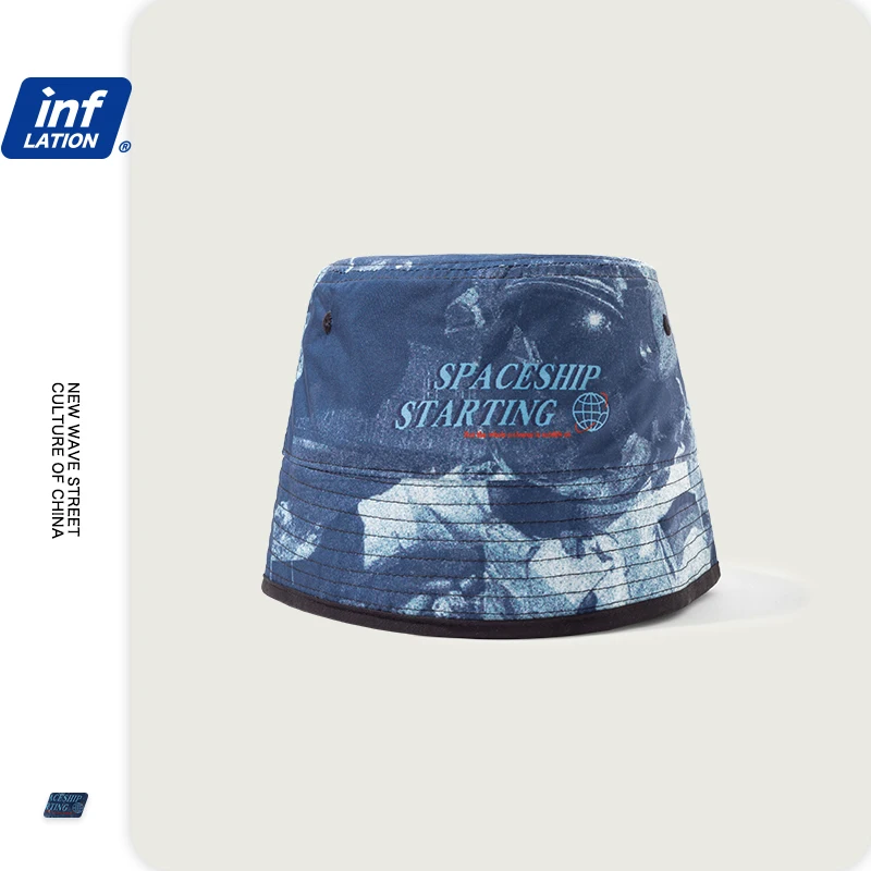 INFLATION Men Double Wear Cap In Blue Fashion Casual Print Fisherman Hats Couple Cotton Bucker Hat 182CI2020 | Аксессуары для