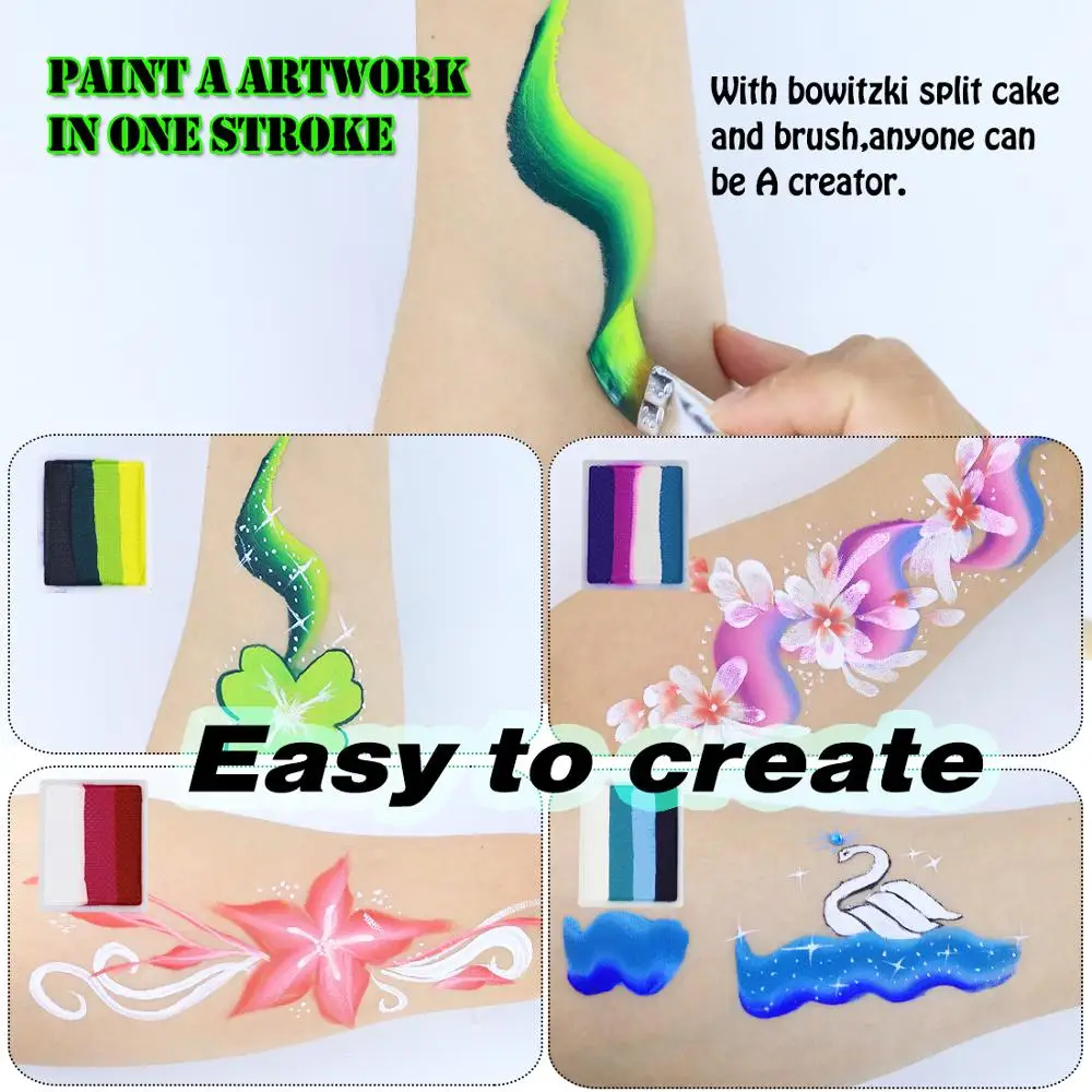 Bowitzki Professional Water Activated Face Paint Kit Split Cake Palette Rainbow Makeup in Carnival Party Festival Cosplay Makeup 6