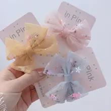 Корейский стиль, стиль, весна-лето, газовая инкрустация цветами, снежинками, блестками, бантом, Детская боковая заколка, аксессуары для волос