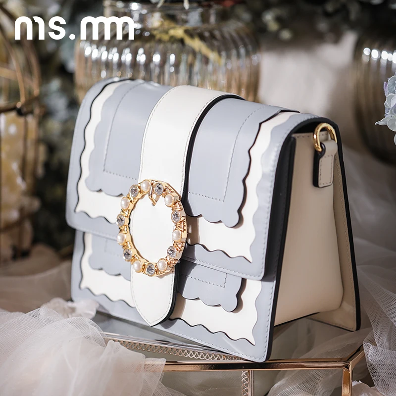 

MS.MM Genuine Leather Crossbody Bag with Crystal and Pearl Luxury Handbags Women Bags Designer Diamond Shoulder Bag Ladies Purse