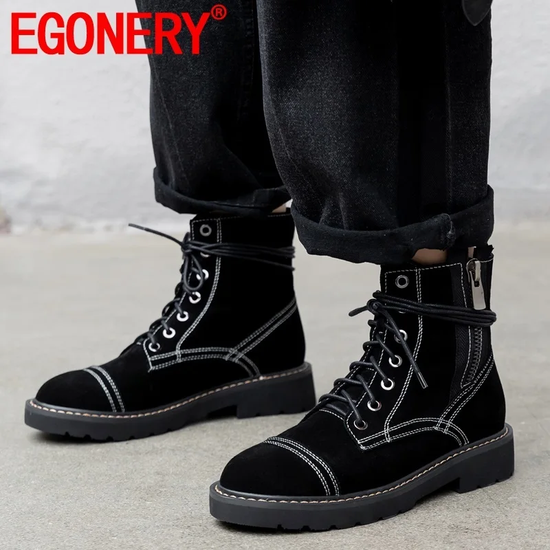 

EGONERY winter newest casual ankle boots outside warm comfortable round toe cross-tied zip cow suede women shoes drop shipping
