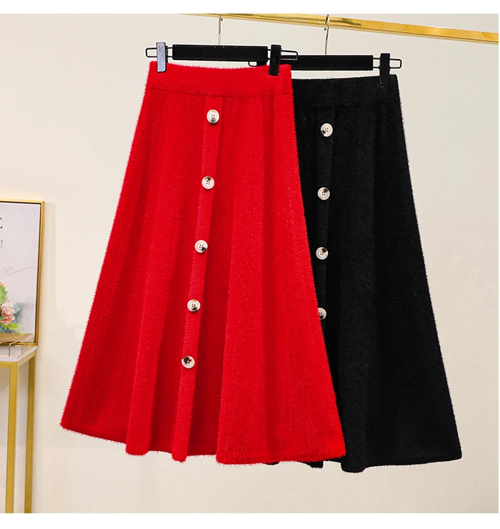 Black Red Knitted Long Plus Large Size Oversize Korean Style Fashion Autumn Women'S Clothing Vintage 2021 High Waist Skirts Skirts