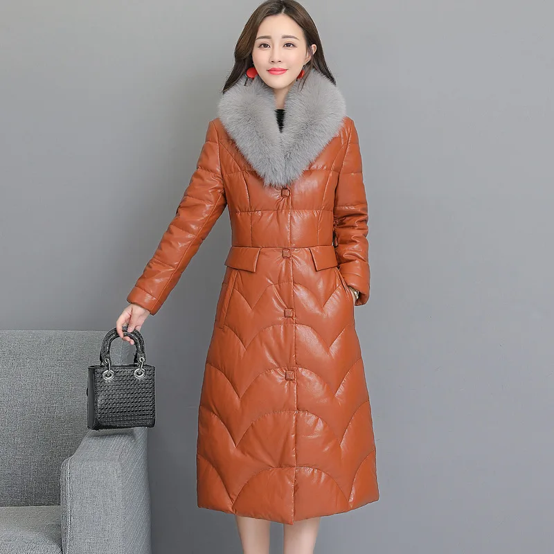 Winter New Style Women's Korean-style Fox Fur Collar Genuine Leather Clothes Long Elegant down Jacket Coat Women's