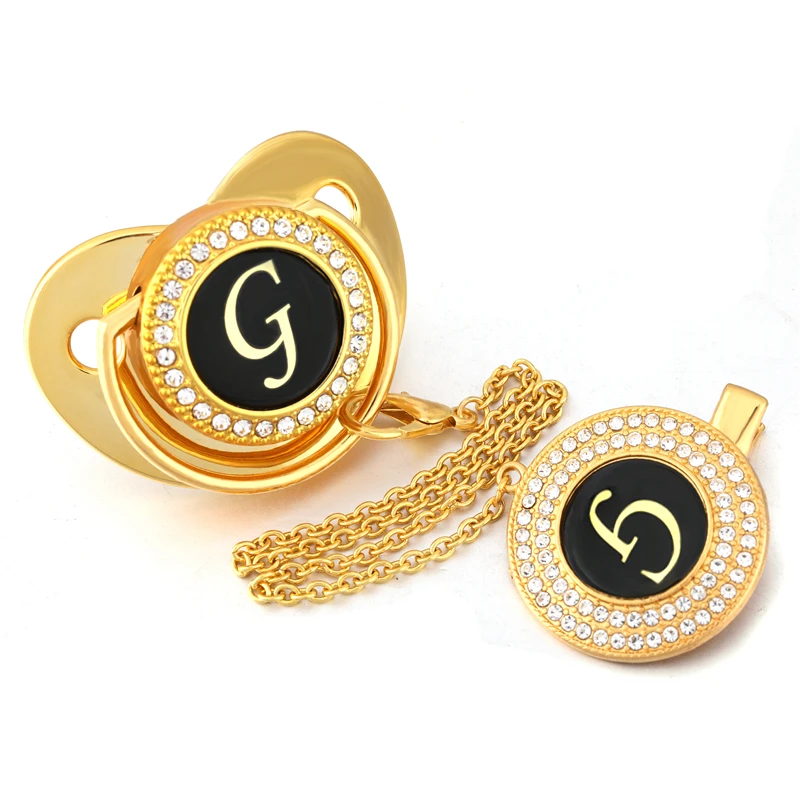 Gold Черная детская пустышка с надписью «G» и цепочкой, Детская Силиконовая пустышка - Цвет: Gold