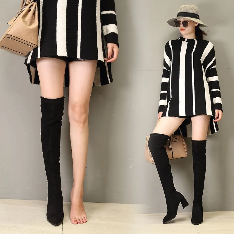 

Autumn And Winter New Style Fashion over-the-Knee Elasticity Thigh Boot Slim Fit Slimming High Boots Suede Chunky-Heel Boots Poi