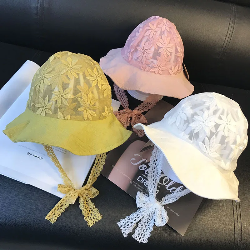 

Baby Sun Fisherman's Hat Thin summer Section Baby Pure Cotton Lace bow Hat Princess Sun Fisherman caps lace