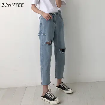 

Jeans Women Hole Ankle-length Straight Korean Leisure Denim Fur-line Retro High Waist Loose All-match Students Streetwear Womens