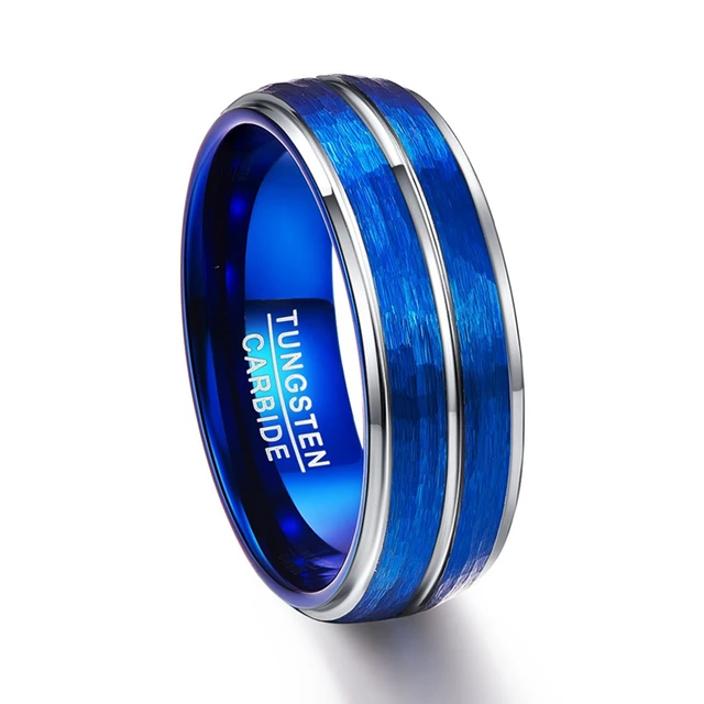 FDLK  Men's fashion 8MM Black Brushed Ladder Edge Stainless Steel Ring Blue Groove Men Wedding Ring Gifts For Men Style 2