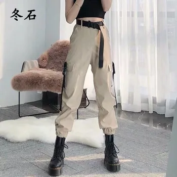 

Fashion Women Self Belted Elastic Waist Cargo Pants Female Loose Streetwear Pants Casual Plus Size Korean Style Trousers