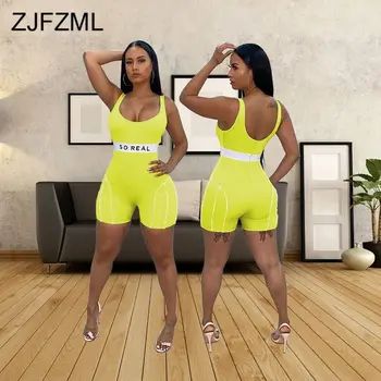 

High Waist Fashion Fitness Short Playsuit Women Letter Striped Patchwork Sporty Jumpsuit Summer Neon Yellow Backless Body Suits