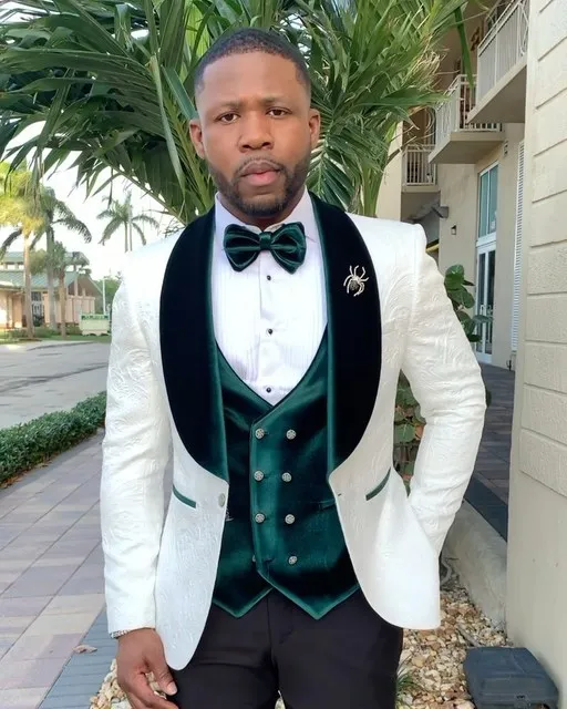 Fashion Wedding Pattern Men Suits Costume Homme Velvet Vest Black Pant