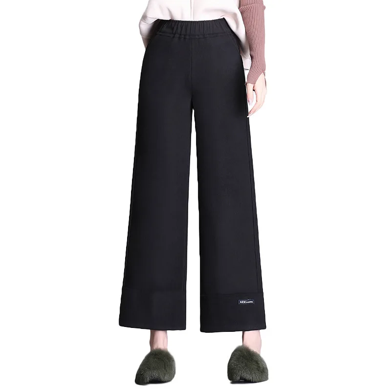 Wide Leg Pants Women High Waisted Elastic Autumn Winter Warm Solid Color Elegant Wool Office Lady Woolen Trousers Plus Size