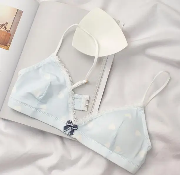 blue bra Wriufred/милое нижнее белье для девочек, комплект одежды с принтом «любовь», свободное белье, тонкие чашечки, удобные, пикантные, кружевные, с милым бантом, бюстгальтер - Цвет: blue bra