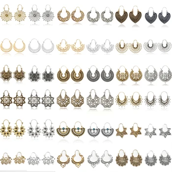 

Tocona 15 Style Vintage Antique Silver Color Earrings for Women Hollow Carve Flowers Gypsy Tribal Ethnic Dangle Earrings серьги