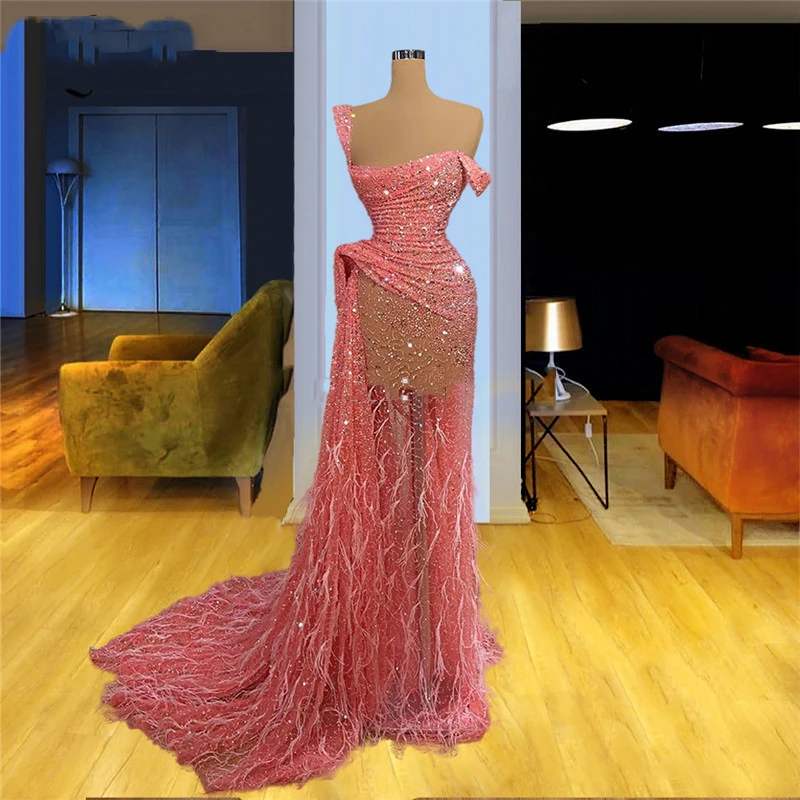 Sexy Pink Feather Prom Dresses Long Beading Saudi Arabia Party Gowns 2020 New Custom  Evening Wear Formal Dubai Dress Robes white prom dress