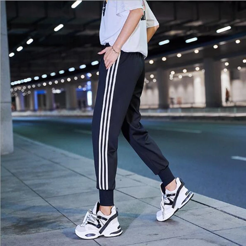 Meilleur Femme pantalons automne 2019 Streetwear Joggers pantalon taille élastique pantalons de survêtement rayé lettre ample décontracté vert noir violet rouge