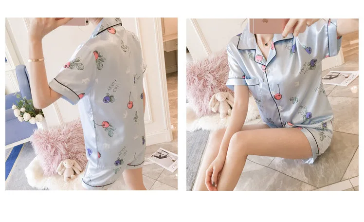 INS Pajamas Women's Summer Short-sleeved Sweet Korean-style Flamingo Summer Women's Imitated Silk Fabric Home Wear Two-Piece Set