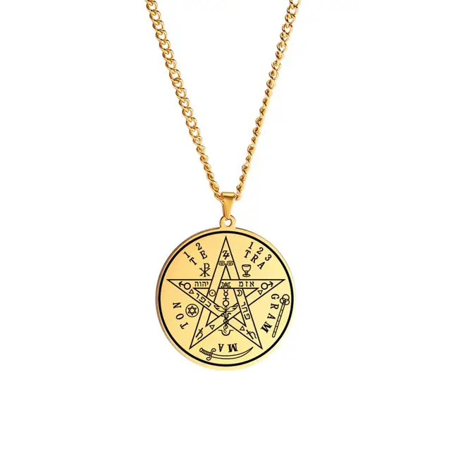 LIKGREAT Vintage Wicca Necklace Tetragrammaton Pendant Wahyeh Blessed Pentagram of Solomon Amulet Stainless Steel Jewelry gold color