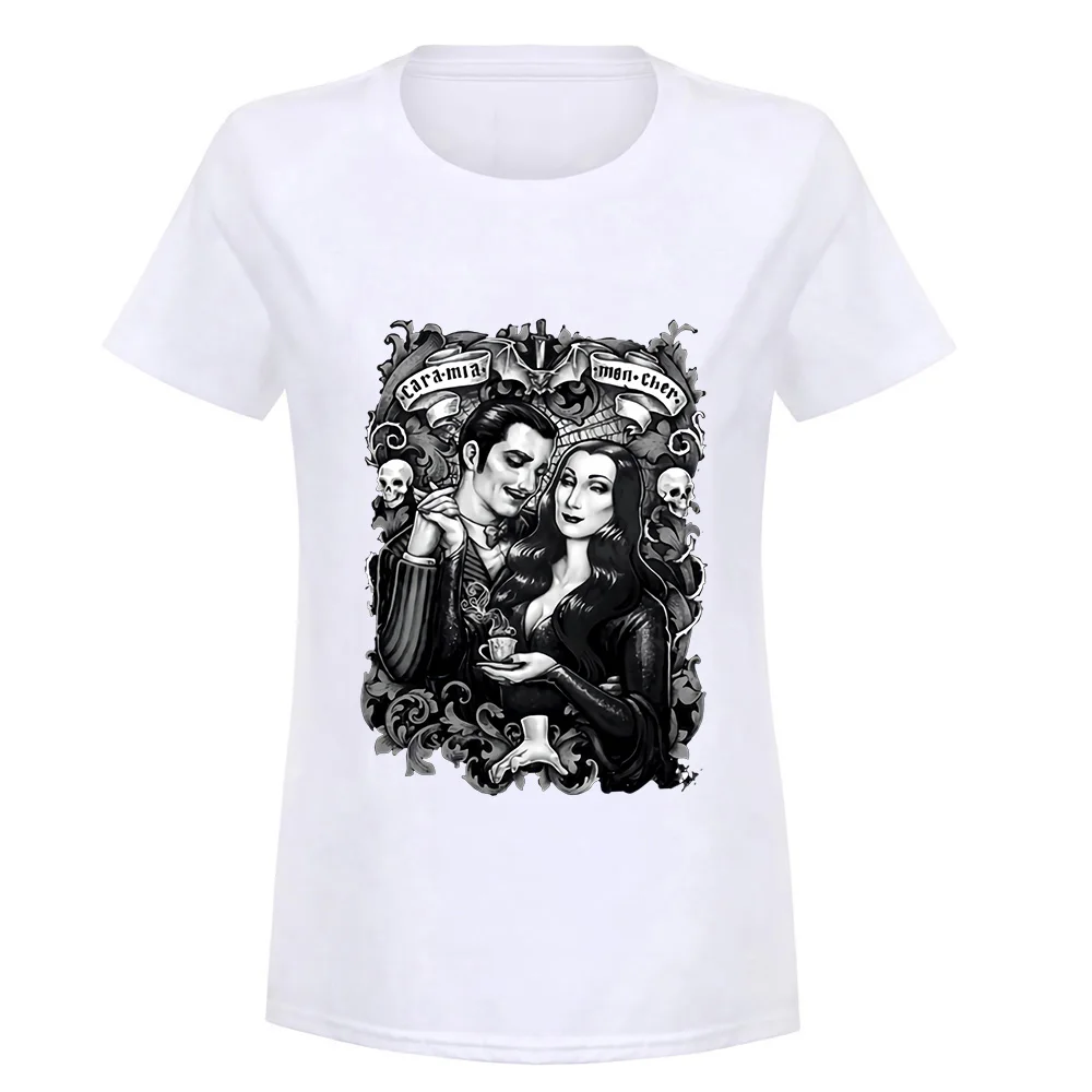 women white Черная футболка Cara My Mon Cher Morticia And Gomez The Addams family Horror футболка с фигурным рисунком - Цвет: women white