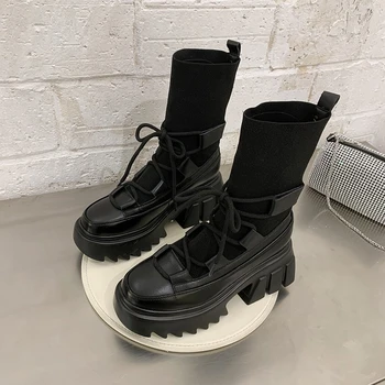

2020 Winter Woman Fashion Sock Boots New Ankle Boots Ulzzang Platform Boots Women's Round Toe Shoes Women Thick Sole Boots Black