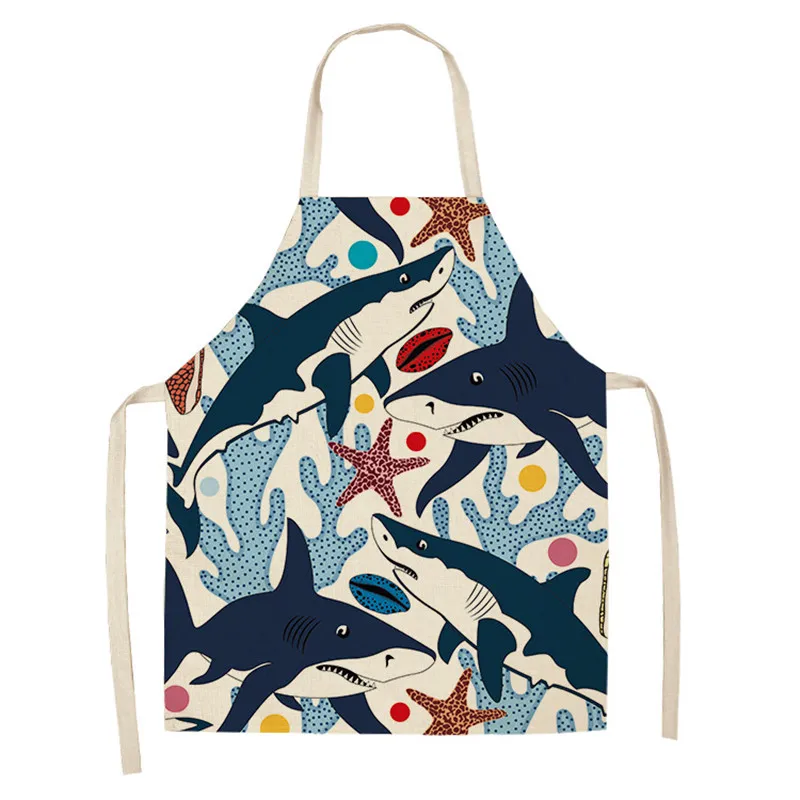 Fish Aprons for Women Kids Sleeveless Cooking Baking Cleaning Tools Marine Animals Printed Kitchen Aprons Cotton Linen Bibs