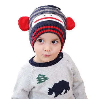 

Monkey Baby Beanies Hat Toddler Girls Boys Knitted Acrylic Cap Elastic Soft Hat Cute Printing and Ears Thicken Warm Winter Hat