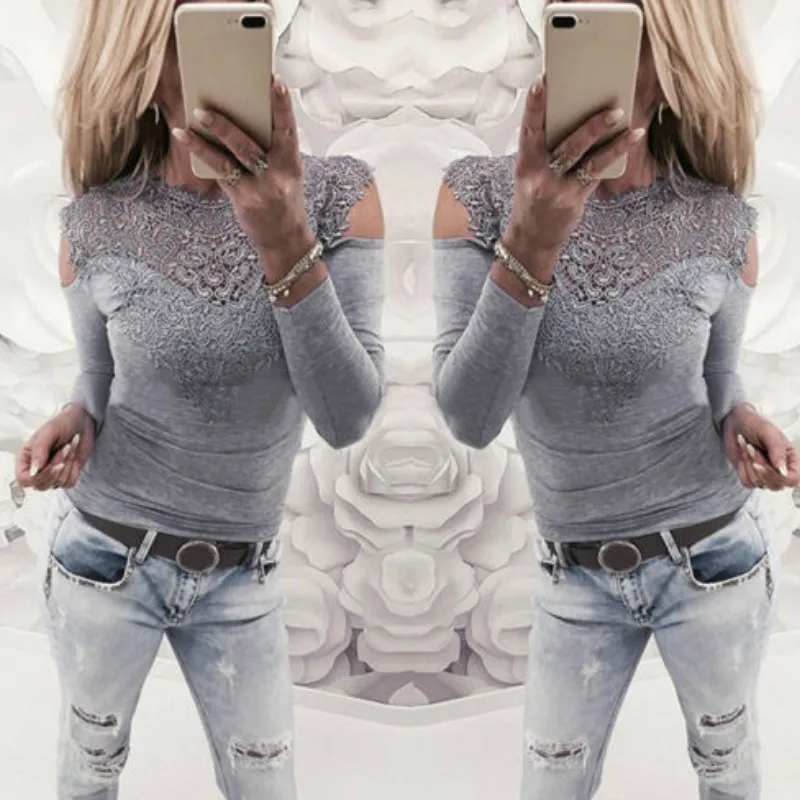 Women Autumn Sexy Solid Lace Cold Shoulder T-shirt Long Sleeve Slim New Fashion Grace Female Tops Hot Sale