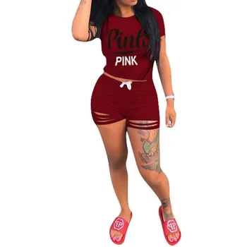 

Summer Hot Women Casual Sports Pink Letter Print 2 Piece Set Tracksuit Short Top And Pants Casual Outfit Sweat Suits Sweatshirt