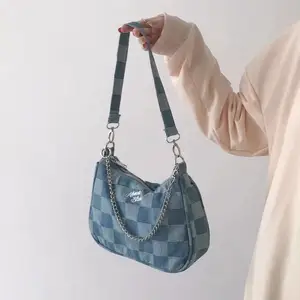 Bolso de hombro pequeño para mujer, bolsa de mano de lona a cuadros azules, con cadena, de media luna, de tela de algodón, nuevo