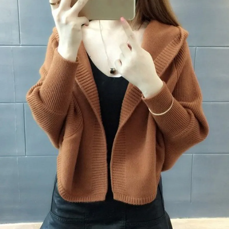 Теплый вязаный кардиган свитер женский рукав летучая мышь короткий кардиган женский свободный пуловер с капюшоном свитера модное пальто