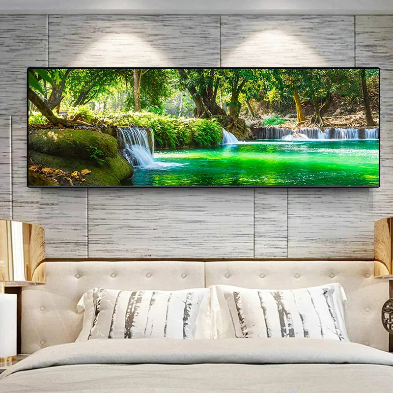 Landscape Waterfall Green Tree Forest Canvas Painting Print Wall