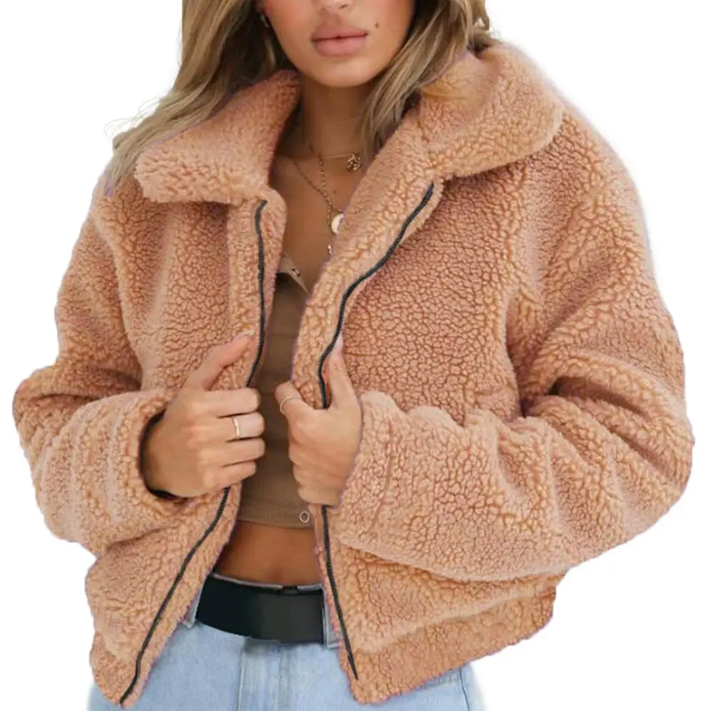 Silver Zipper Lapel Sweatshirt Fleece Fur Coat Women Autumn Winter Warm Soft Jacket Thick Plush Fur Coat Short Top Outerwear - Цвет: Light Camel