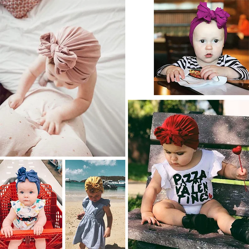 Популярные 16 цветов новорожденного мальчика и девочка шляпа тюрбан дети зима хлопок с бантом шапка для малыша шапки для детей головные уборы