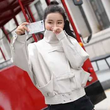 

Women High Street Solid Leather Pu Crop Jacket Moto & Biker Pockets Jacket Turtleneck Loose Jacket