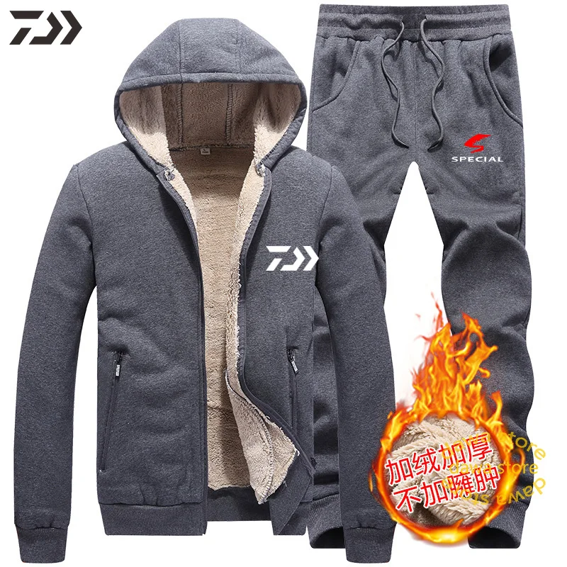 Флис Daiwa Рыбалка куртка из плотного бархатного Термальность Ветрозащитный Рыбалка одежда Для мужчин с капюшоном однотонные брюки для рыбалки Пеший Туризм на открытом воздухе Костюмы